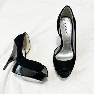 Bebe Women's Black Peep Toe Heels D’orsay suede leather size 8.5 pumps